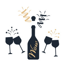 A simple icon of glasses champagne. Bottle of Champagne explosion vintage