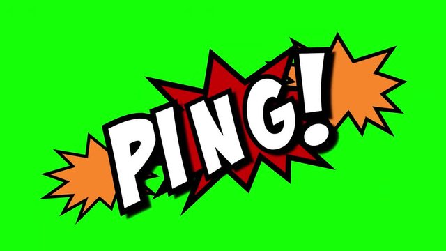A comic strip speech cartoon animation with an explosion shape. Words: Dang, Ping, Pong. White text, red and yellow spikes, green background.
