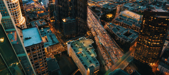 Obraz premium Aerial view of Downtown Los Angeles, CA at sunset