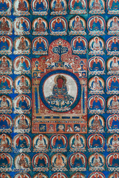 Ancient Buddhist Painting In Tibetan Monastery . Ladakh, North India.