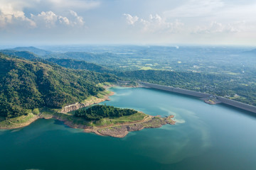 Fototapeta na wymiar The Khun Dan Prakan Chon Dam, Nakhon Nayok Province, Thailand, this is the biggest dam in Thailand. It is also the largest and longest roller compacted concrete (RCC) dam in the world.