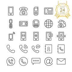 Set of phone, telephone or mobile icons and mail, media, communications symbols on white background, Vector illustration.