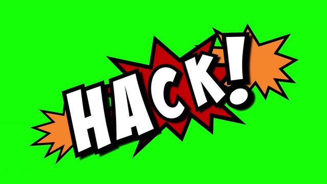 A comic strip speech cartoon animation with an explosion shape. Words: Glup, Hack, Plop. White text, red and yellow spikes, green background.
