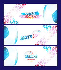 Soccer championship. Set banners template horizontal format with a football ball and text on a background with a bright light effect
