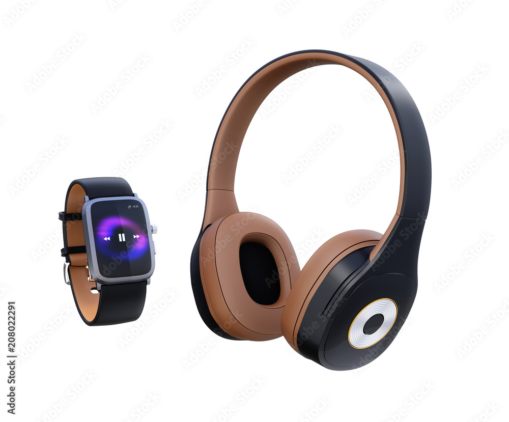 Poster smart watch and wireless headphone isolated on white background. 3d rendering image.
