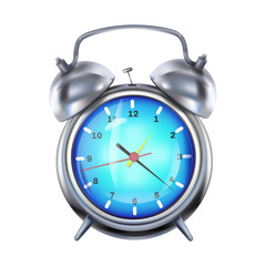 Alarm clock vector illustration of retro silver clock with metal bells. Realistic 3d model of alarm with arrows and blue display for wake up concept design