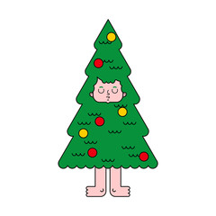 Christmas tree costume. Spruce man inside. New Year Vector illustration