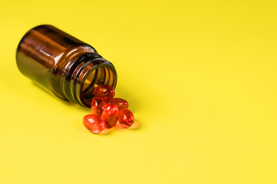 Closeup Supplements Vitamins Bottle On Wood Background