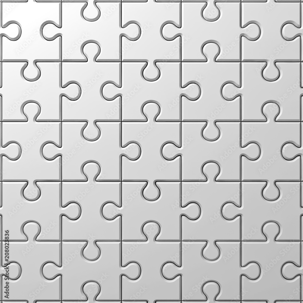 Poster white jigsaw puzzle pieces background with shadow. 3d rendering.