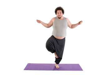 Funny fat man and yoga. White background.  