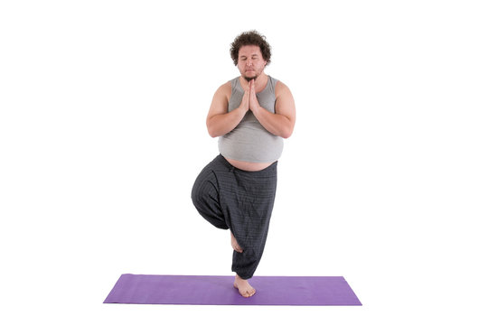 Funny Fat Man And Yoga. White Background. 