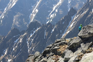 Climbers on Lomnicky peak,, High Tatras, Slovakia