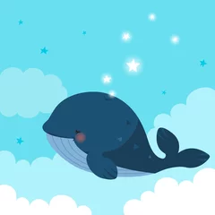 Abwaschbare Fototapete Wal Blauwal mit Sternen auf blauem Himmelshintergrund