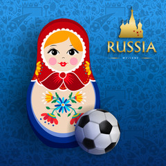 Russian sport event poster of doll and soccer ball