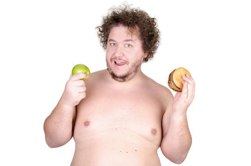Diet and the problem of choice. Funny fat man. White background.