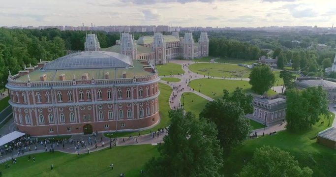 Aerial view of Queen Ekaterina residence palace in Tsaritsino park, Moscow, Russia