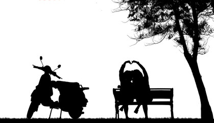 silhouette of lover couple and  scooters on white background.