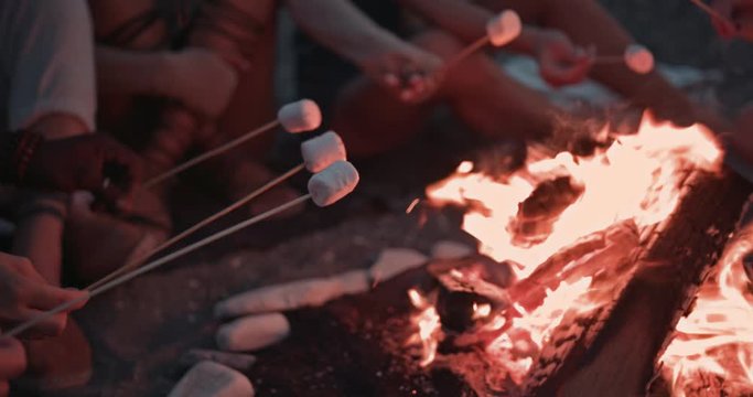 Multi-ethnic men and women roasting marshmallows on skewers over campfire