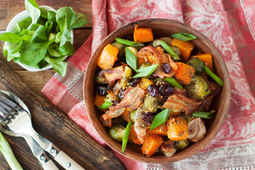 Roasted pumpkin with brussels sprouts and bacon