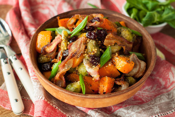 Roasted pumpkin with brussels sprouts and bacon