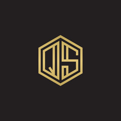 Initial letter QS, minimalist line art hexagon shape logo, gold color on black background