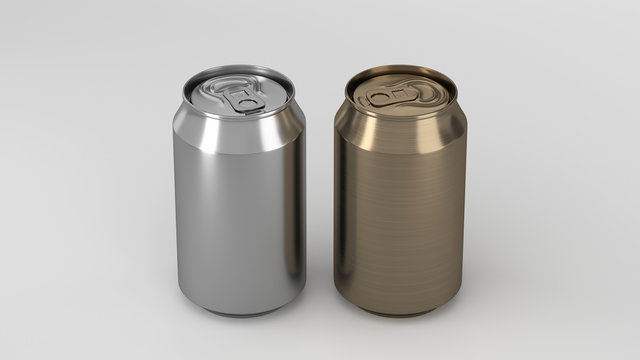 Two small gold and silver aluminum soda cans mockup on white background