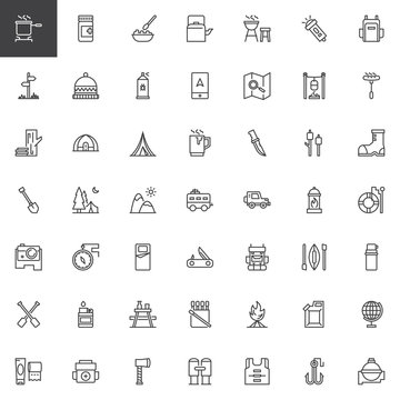 Camping outline icons set. linear style symbols collection, line signs pack. vector graphics. Set includes icons as Logs, Pot on fire, Medicines, Meal, Kettle, Grill, Spray, Gps, Map Tent Trailer