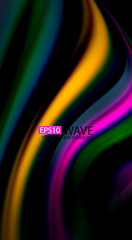 Fluid rainbow colors on black background, vector wave lines and swirls