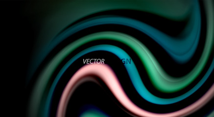 Fluid rainbow colors on black background, vector wave lines and swirls