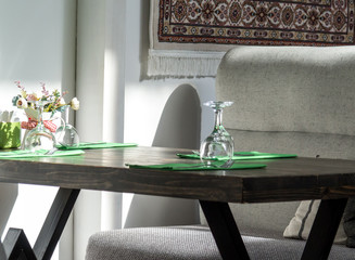 Samara Russia Circa April 2018 - cafe table with glasses , wood table, carpet,