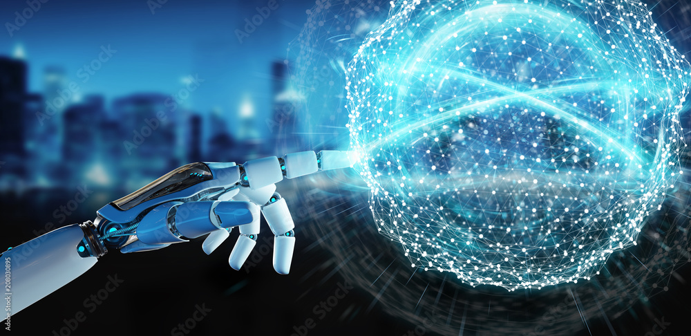 Poster white humanoid hand using digital global network 3d rendering