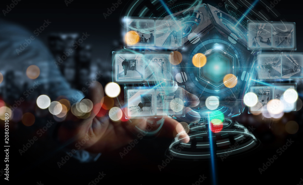 Poster businessman using futuristic drone security camera 3d rendering