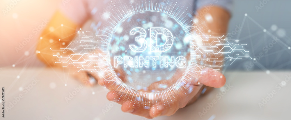 Poster businessman using 3d printing digital hologram 3d rendering