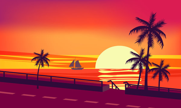 Sunset, ocean, evening, palm trees sea shore, vector, illustration, isolated, cartoon style