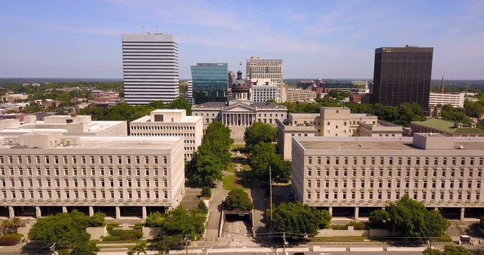 Flying over over the buildings of Columbia South Carolina at the State House