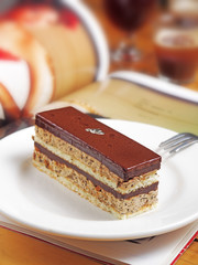 Delicious chocolate cake on plate on wooden table       