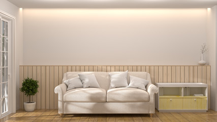 White sofa with cabinet in the room 3d illustration furniture,modern home designs,shelves and books on the desk in front of clean wall mock up background interior