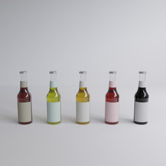 3d rendering 5 glass bottles of water with white labels, white background,minimal style,pastel colour