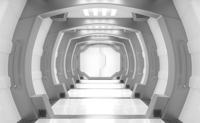 3D rendering elements of this image furnished ,Spaceship white and grey interior with view,tunnel,corridor