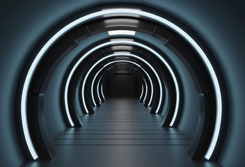 3D rendering futuristic elements of this image furnished ,Spaceship dark interior with view,tunnel,corridor