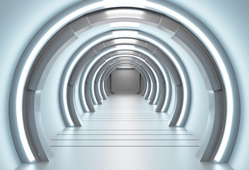3D rendering futuristic elements of this image furnished ,Spaceship blue interior with view,tunnel,corridor