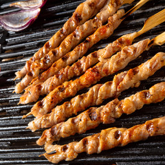 Fresh and crispy rustic pork belly grill sticks