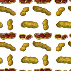Different peanuts nuts. In shell and without. Seamless texture. The endless pattern. Isolated on a white background. Macro photo.