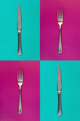 Fork on purple background. Knife on a bright turquoise background. concept. Seamless pattern