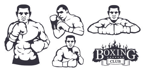 Set of different elements for box design - boxing gloves, boxer man. Sports equipment set. Fitness illustrations. Sport Club logo. Vector graphics to design