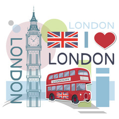 Fototapeta na wymiar Set for design on London. Great Britain flag. London bus. Big Ben Tower. Vector graphics to design.