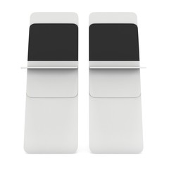 LCD Screen Stand. Trade Show Booth. 3d render of tv info kiosk isolated on white background. High Resolution. Ad template for your expo design.