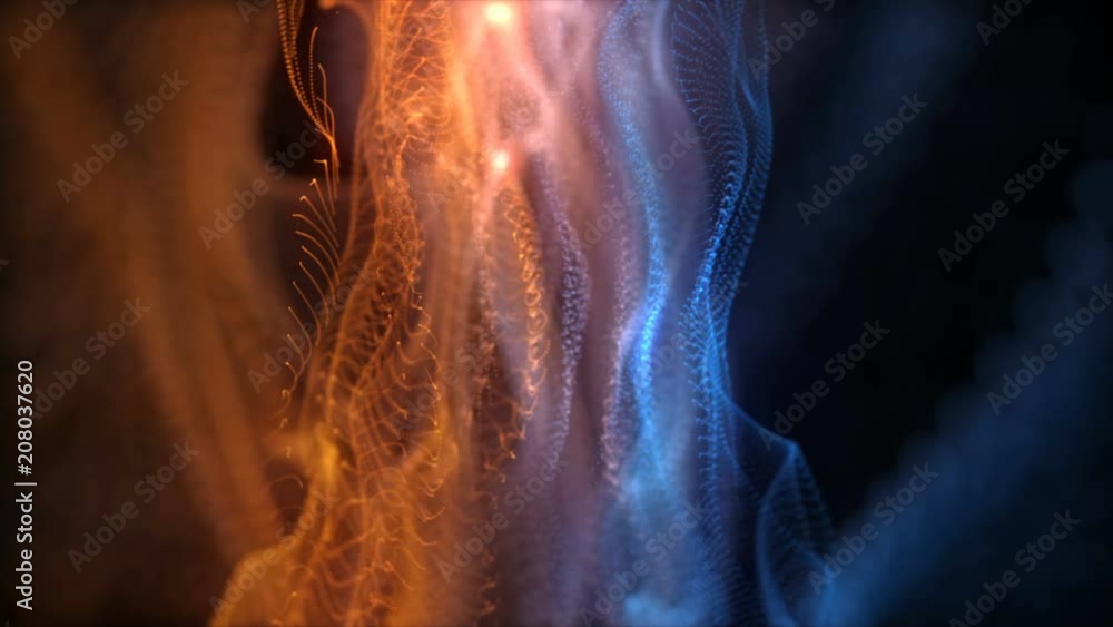 Poster abstract loopable blue and gold cg motion waving dots texture with glowing defocused particles. cybe