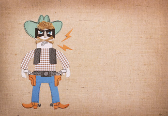 Bandit in cowboy clothes and black mask with guns.Paper cut application background