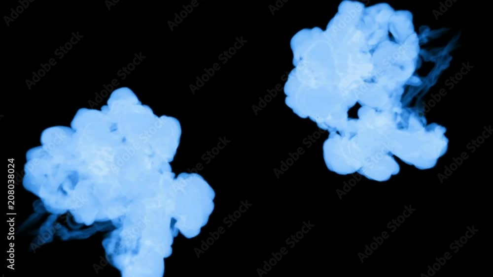 Poster blue ink dissolves in water on black background with luma matte. 3d render of computer simulation. i